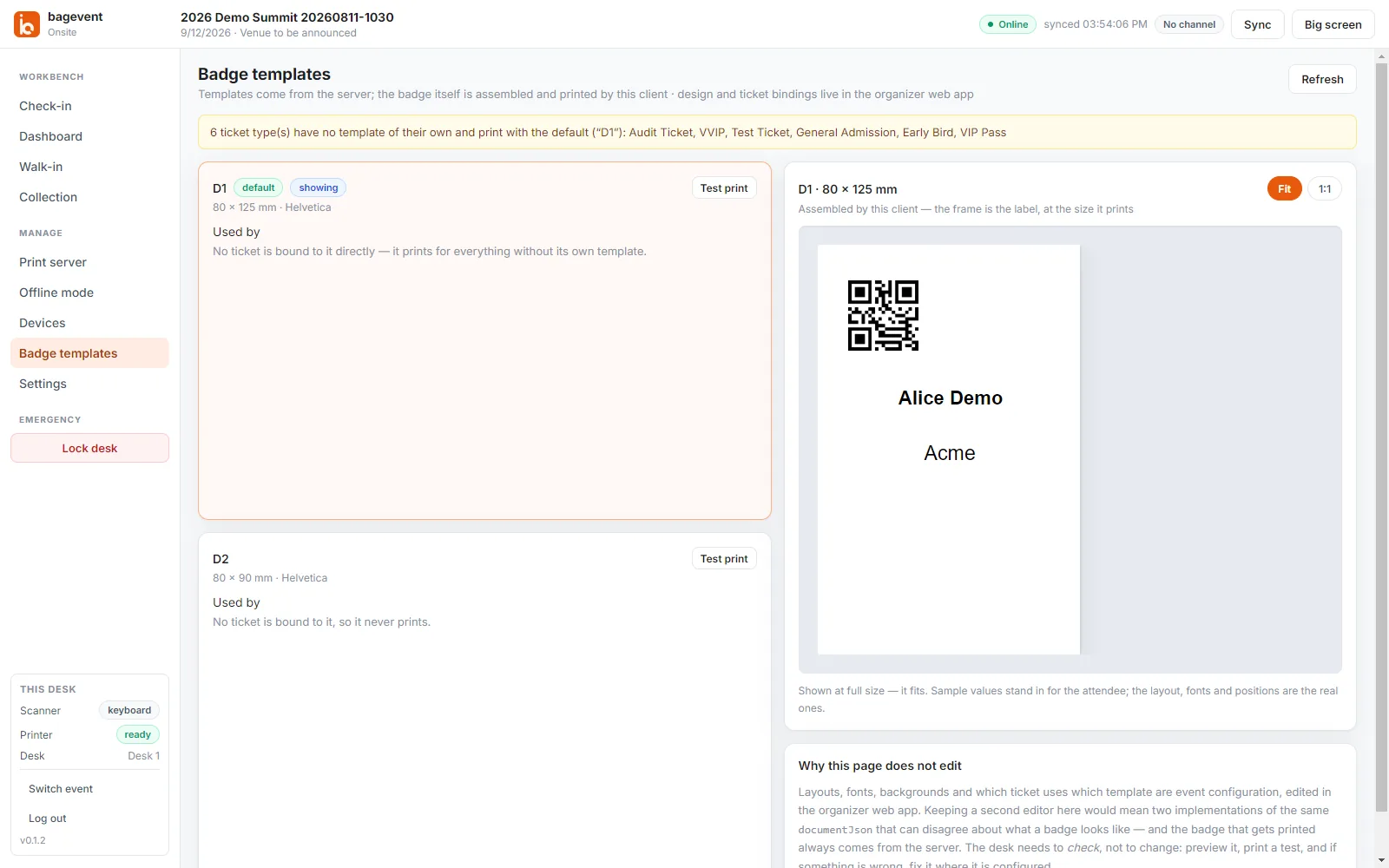The badge templates screen in BagEvent Onsite