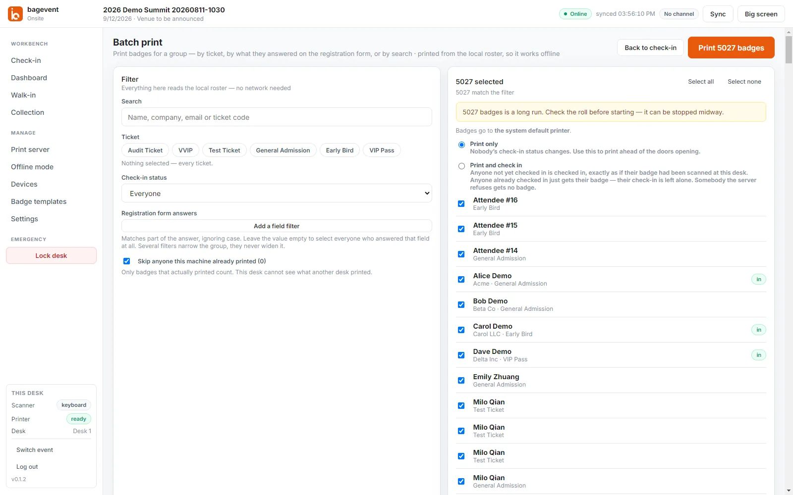 The batch print screen with filters on the left and the selected group and print modes on the right