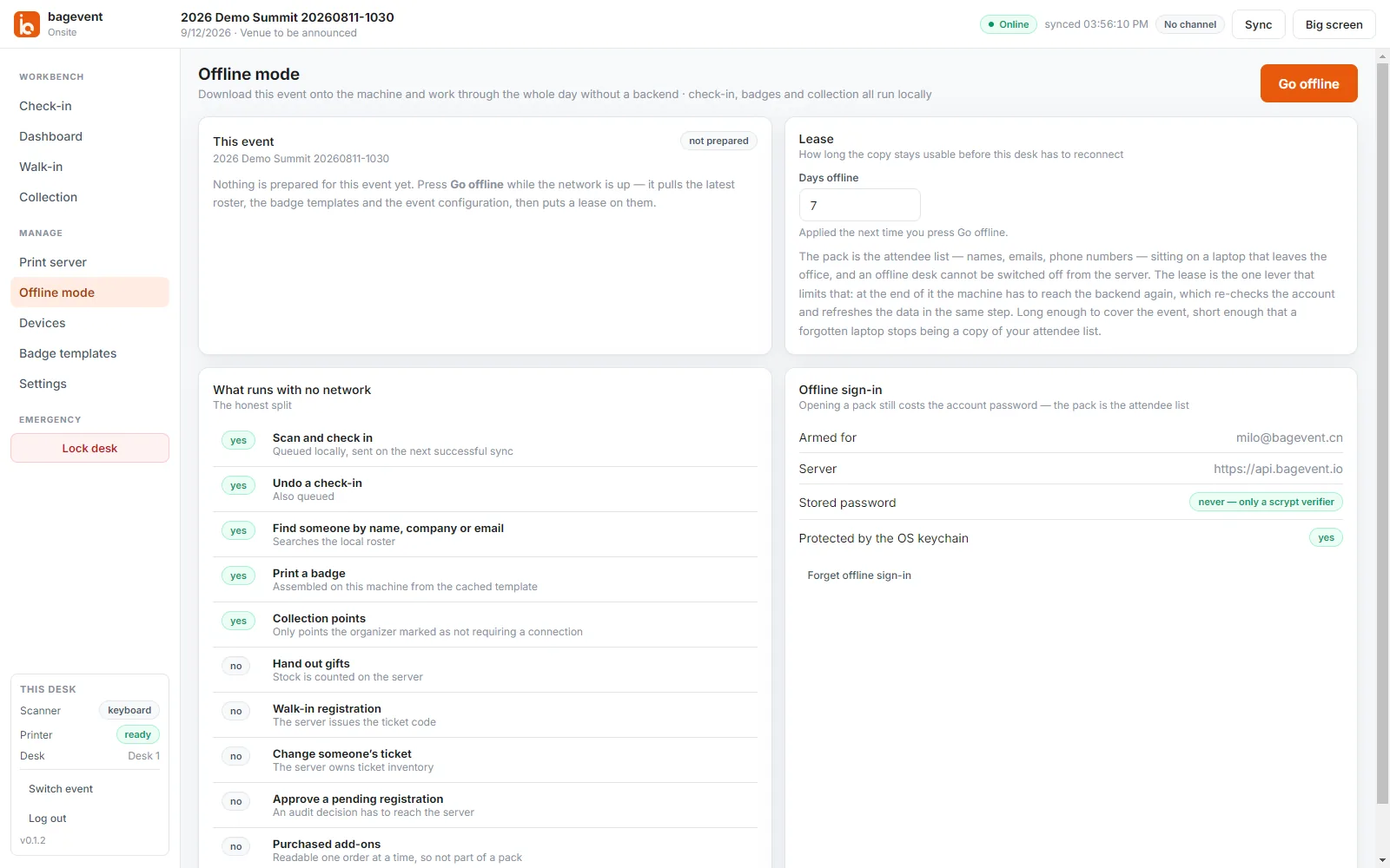 The offline mode screen listing which functions survive with no network