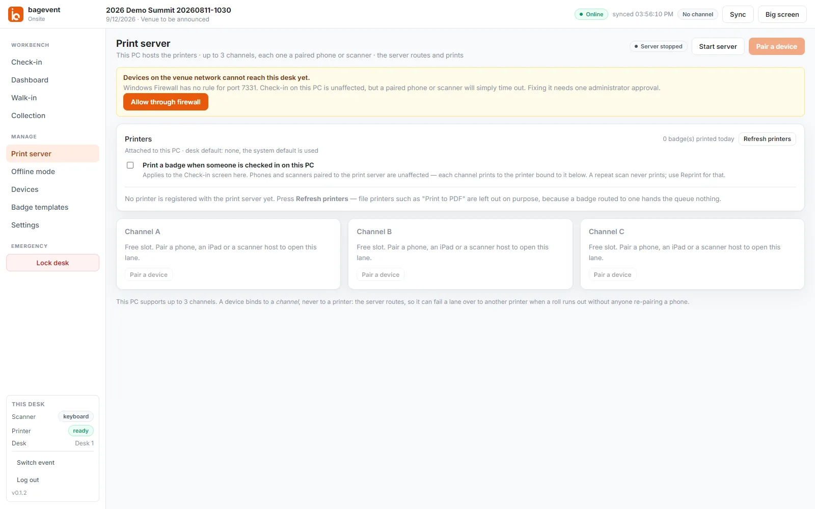 The print server screen with the firewall banner at the top and three device lanes below