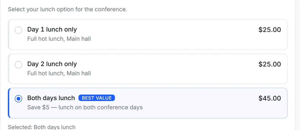 Paid options on the registration page, each with a price, one selected as best value